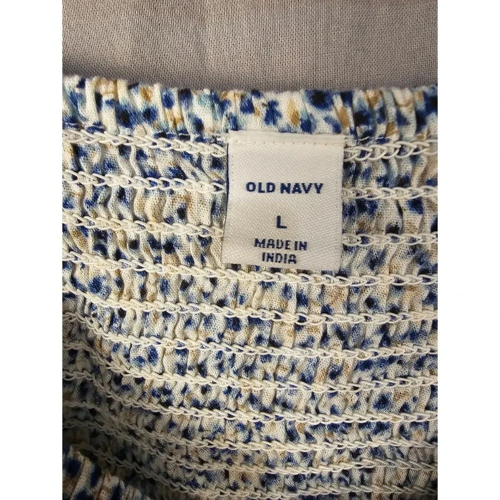 Old Navy Womens Large Blue Floral Smocked Square Neck Puff Sleeve Blouse Top